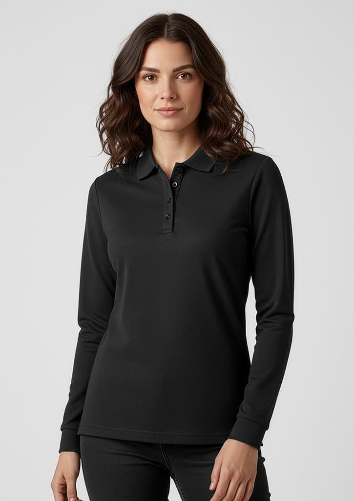 Action Womens Long Sleeve Polo — Black