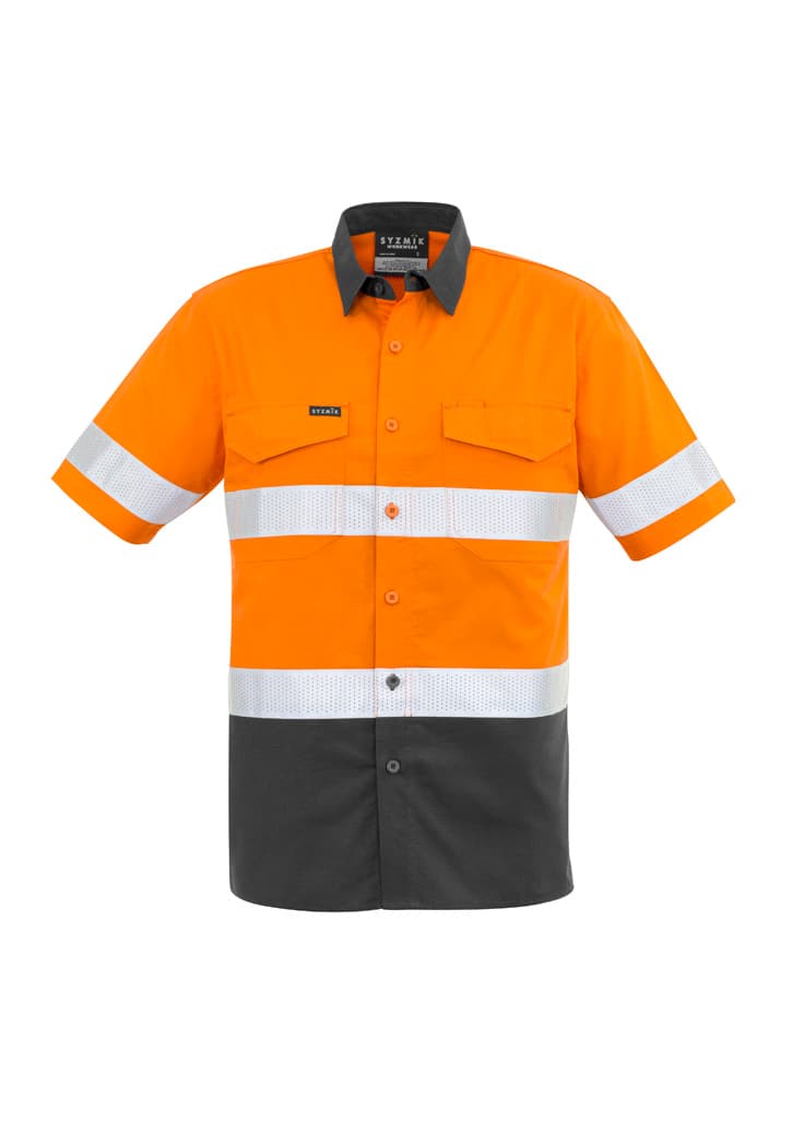 Mens Rugged Cooling Hi Vis Taped Short Sleeve Shirt — Orange/Charcoal