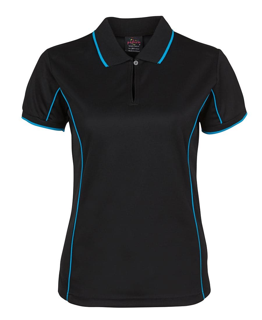 PODIUM LADIES PIPING POLO BLACK/RED-08 — Black/Aqua