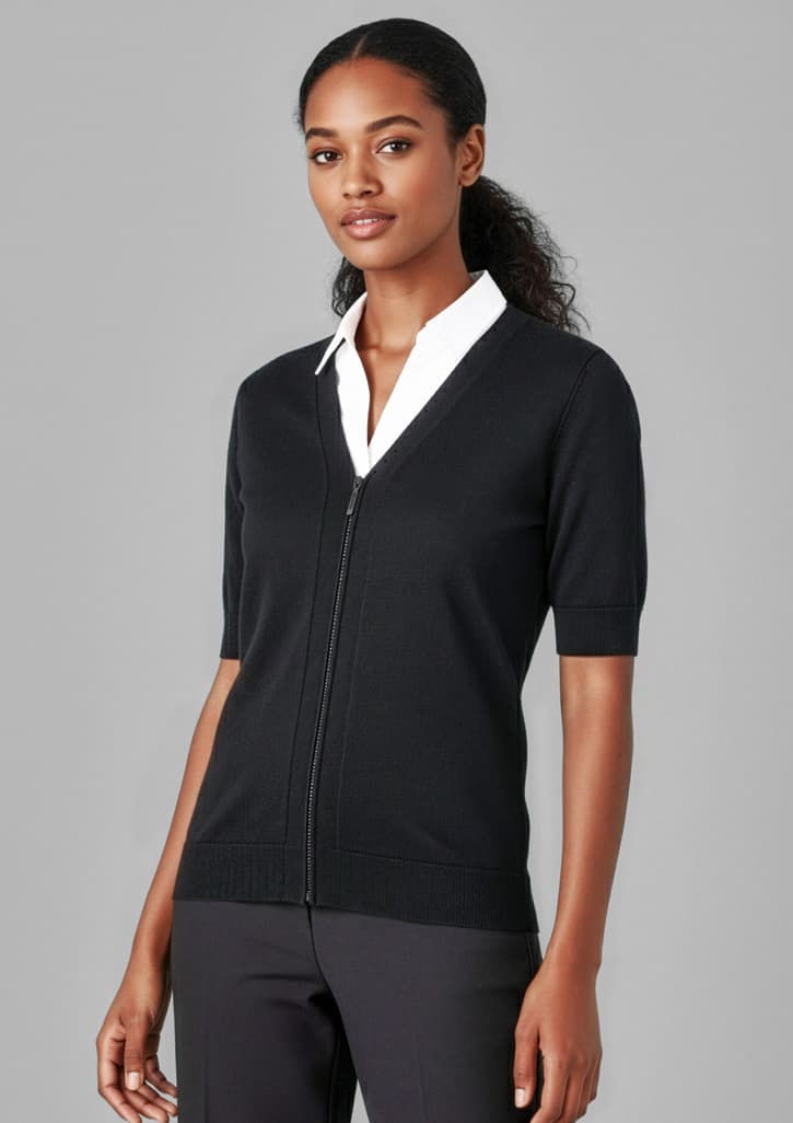 Zip Front Womens Short Sleeve Knit Cardigan — Black