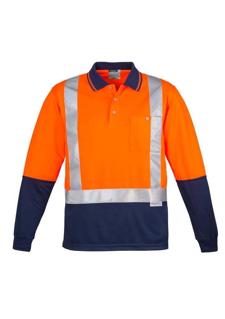 Mens Hi Vis Spliced Long Sleeve Polo - Shoulder Taped — Orange/Navy