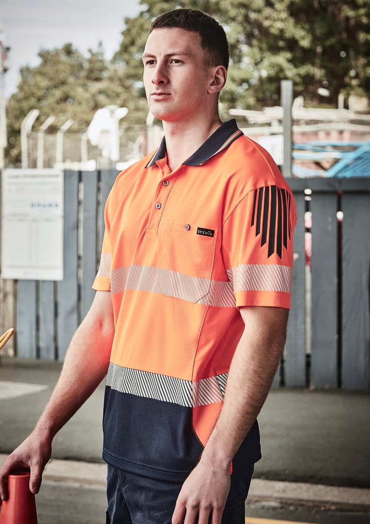 Mens Hi Vis Flux Segmented Tape Short Sleeve Polo — Orange/Navy