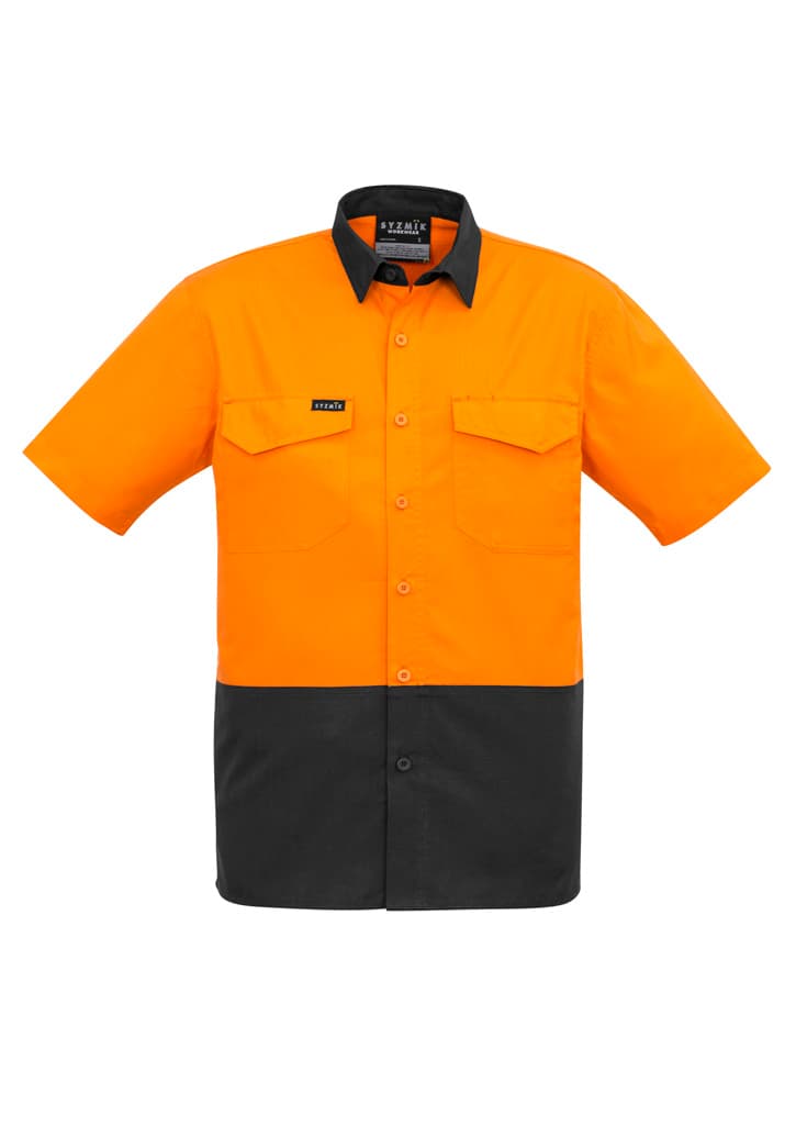 Mens Rugged Cooling Hi Vis Short Sleeve Shirt — Orange/Charcoal